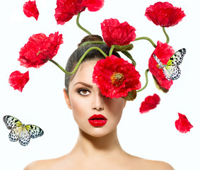 Beauty Fashion Model Woman with Red Poppy Flowers in her Hair