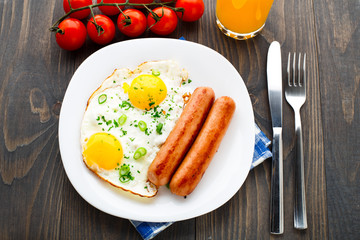 Fried eggs with sausages.