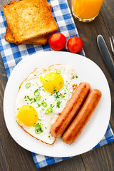 Fried eggs with sausages.