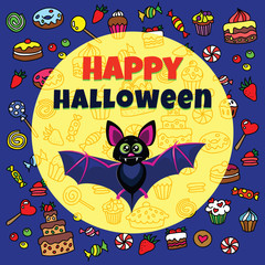 Halloween card with funny bat and sweets