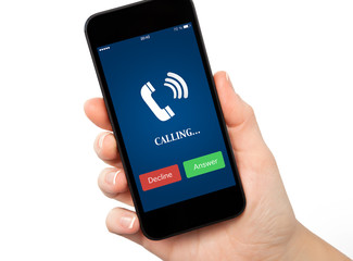 isolated woman hand holding phone with blue screen and the phone
