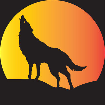 A Wolf in Silhouette howling at moon suitable for Halloween Art
