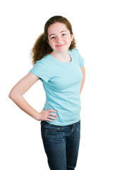 Obraz premium Cute Latina Girl in Blank Blue T-shirt
