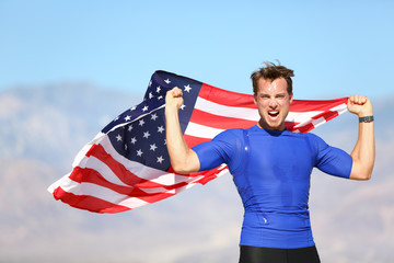American success man athlete winning with USA flag