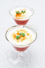 bilayer tomato panna cotta with smoked pepper and yogurt