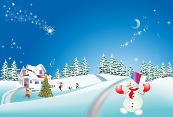 bożonarodzeniowa dekoracja z choinką i bałwanem - obrazy, fototapety, plakaty