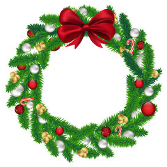 Fototapeta na wymiar Christmas wreath of fir tree with balls, candy and a red bow