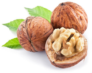 Walnuts with leaves.