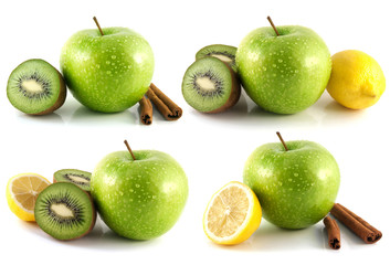 Green apple, kiwi, lemon set, isolated on white.