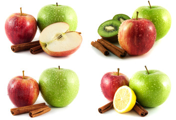 Green and red apple, kiwi, lemon set on white