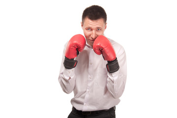 Bisinessman wearing boxing gloves