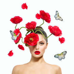 Beauty Fashion Model Woman with Red Poppy Flowers in her Hair
