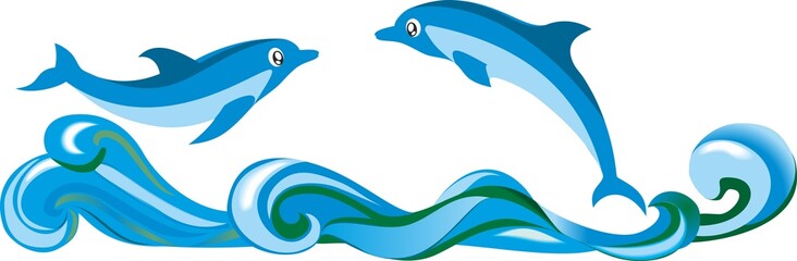 Пара дельфинов над волнами