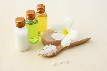 Fototapeta na wymiar Body care products,sea salt,soap,shampoo,lotion