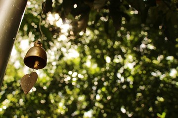 A golden bell hanging in the garden