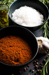 spices, rosemary, allspice, garlic, oil and salt