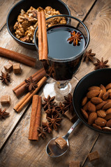 hot mulled wine, spices and nuts