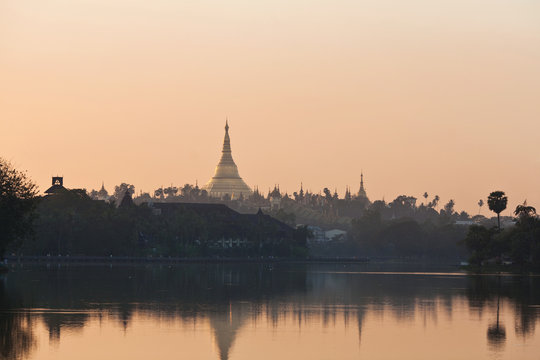 Shwedagon pagoda in Yangon, Myanmar - view from Kandawgyi Lake