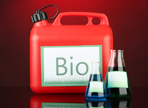 Bio fuels in canister and vials on red background