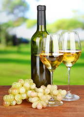 Obraz na płótnie Canvas Ripe grapes, bottle and glasses of wine, on bright background