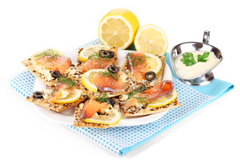 Salmon sandwiches on plate  isolated on white