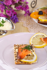 Salmon sandwiches on plate  on wooden table close-up