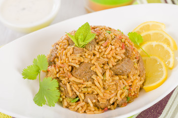 Mutton Byriani - Lamb and rice cooked with spices.