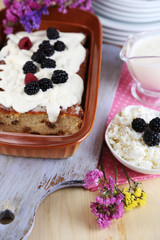 Cheese casserole with raisins in pan