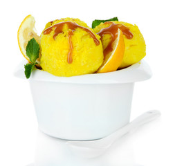 Tasty ice cream scoops in bowl, isolated on white