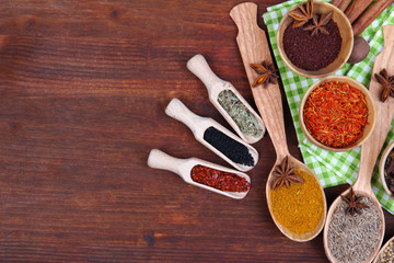 Various spices and herbs on wooden background