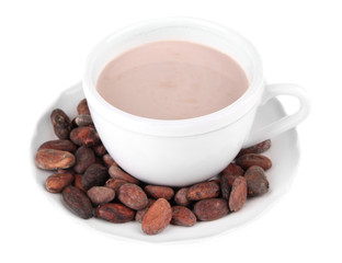 Cocoa drink and cocoa beans isolated on white