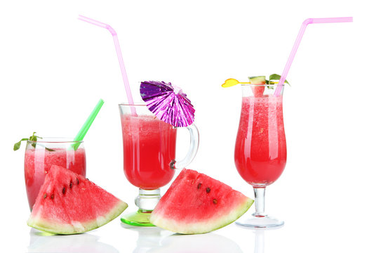 Three glasses of fresh watermelon juice, isolated on white
