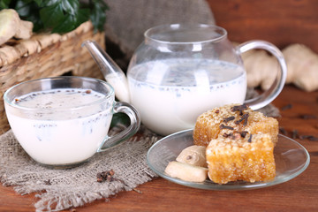 Teapot and cup of tea with milk and spices
