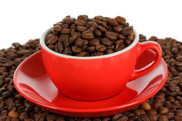 Coffee beans in cup on white background