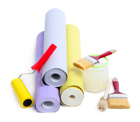 Wallpaper and accessories for glue wallpaper, isolated on white