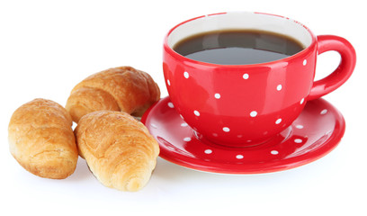 Tasty croissants and cup of coffee isolated on white