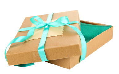 Fototapeta na wymiar Present box tied with ribbon, isolated on white
