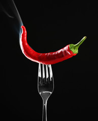Red hot chili pepper  on fork, isolated on black