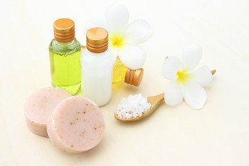 Obraz na płótnie Canvas Body care products,sea salt,soap,shampoo,lotion