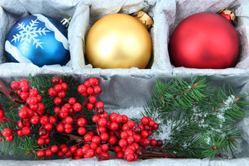 Beautiful packaged Christmas balls, close up