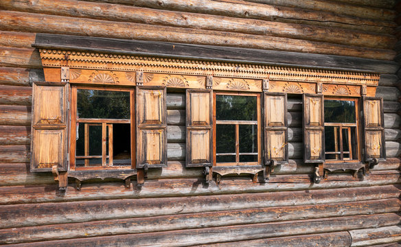 Facade of Traditional Russian Old Wooden house