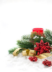 Christmas composition with gift bow, ribbon and branch of christ