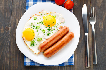 Fried eggs with sausages.