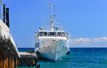 Naklejka premium Ferry or tourist cruiser alongside a dock