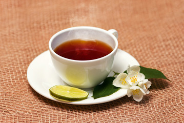 jasmine tea  with fresh leaves and flowers