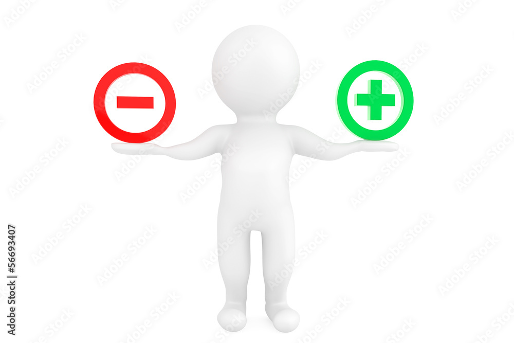 Poster 3d person with plus and minus marks in hands