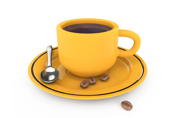 Coffee Beans, Orange coffee plate, spoon and cup with coffee