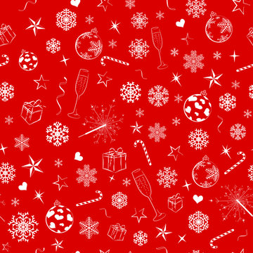 Seamless pattern from christmas symbols, white on red © Olga Moonlight
