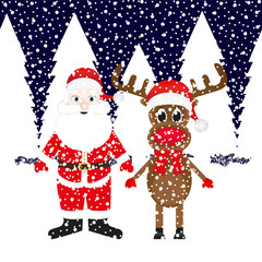 Christmas reindeer and Santa Claus in a snowy forest