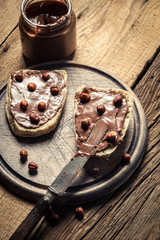 Closeup of nutella on a sandwich for breakfast